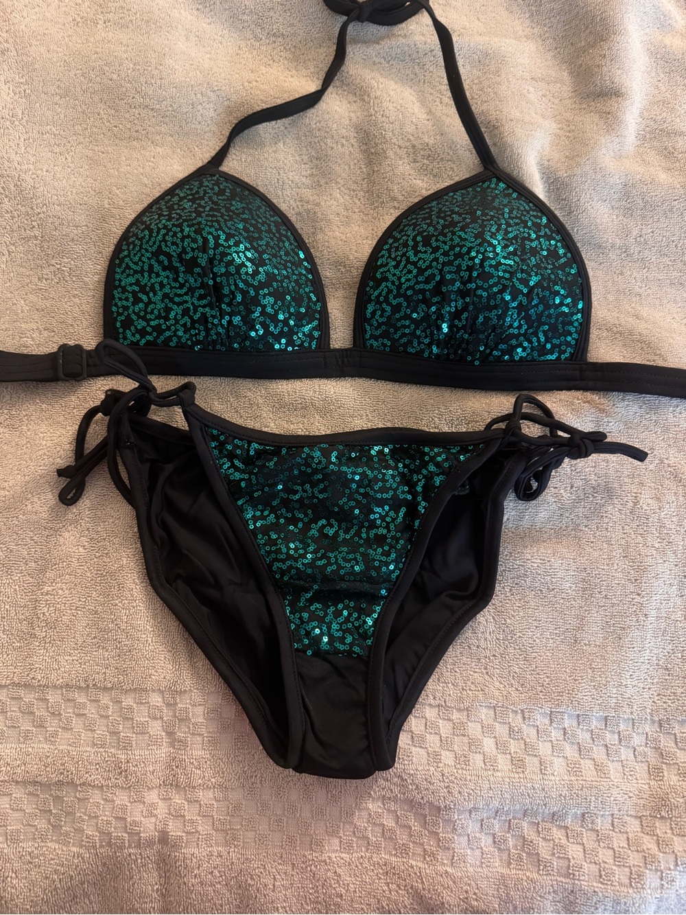 VENUS Green Sequin Halter Bikini with Black Trim
